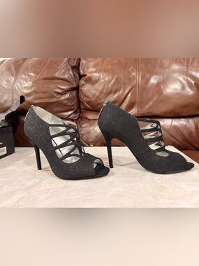 Nina Shoes Black Glitter Strappy Peep-Toe Stilettos